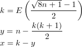 $k = E\left(\dfrac{\sqrt{8n+1}-1}{2}\right)$

$y = n - \dfrac{k (k + 1)}{2}$

$x = k - y$
